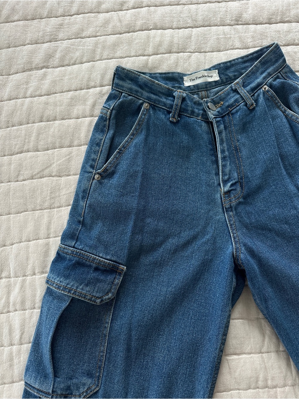 The Frankie Shop Blue Denim Wide Leg Cargo Jeans